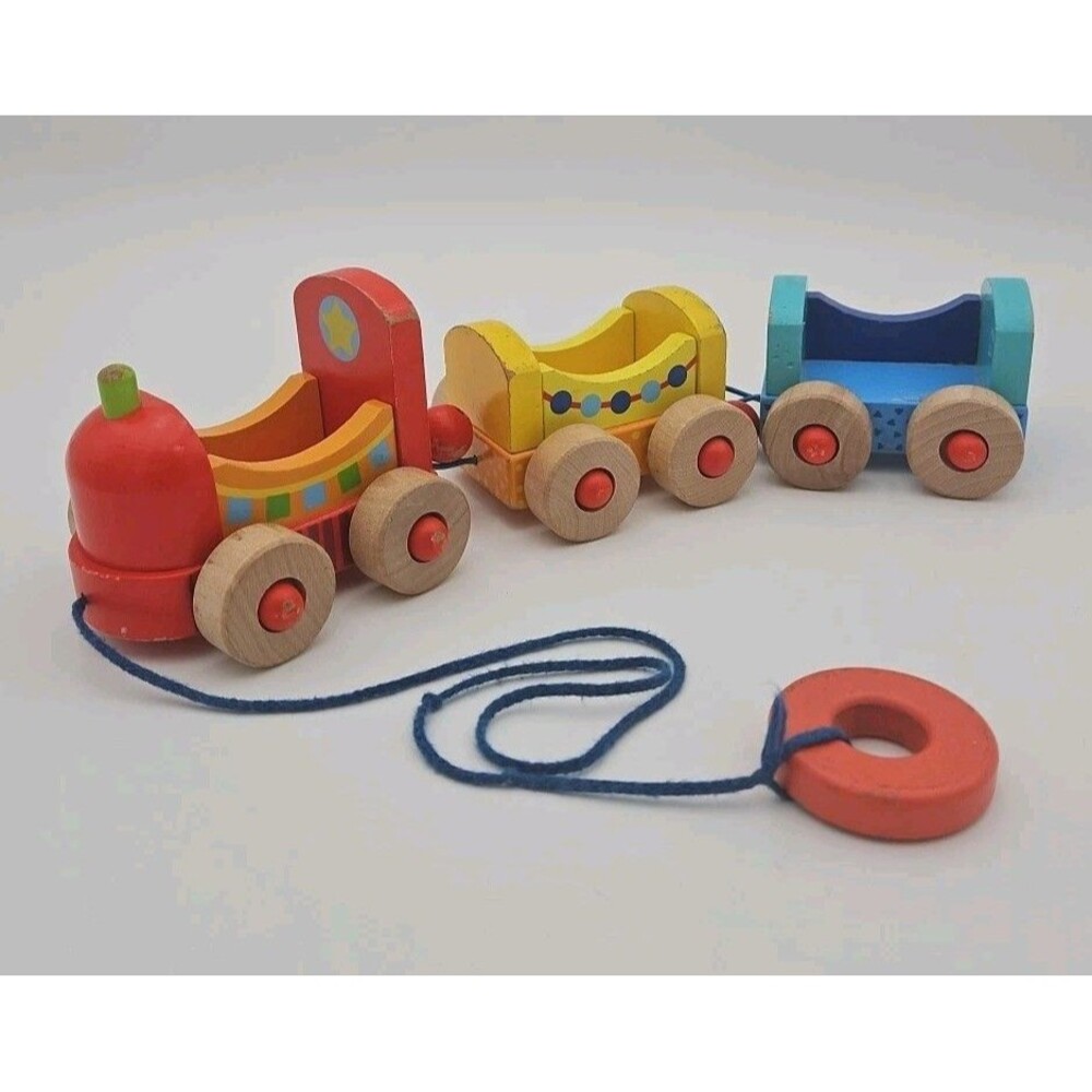 Goki Wooden Train Vintage With Pull String 3 Train Sections Red Yellow Blue  13"